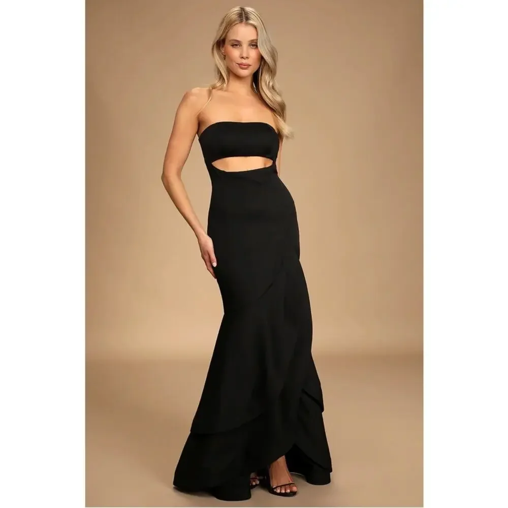 Lulus Dress Women M Fabulous Festivities Black Strapless Ruffled Cutout NEW - Picture 1 of 15